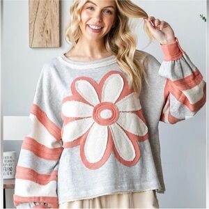 Cozy Floral Coral and Gray Women's Sweatshirt NWOT